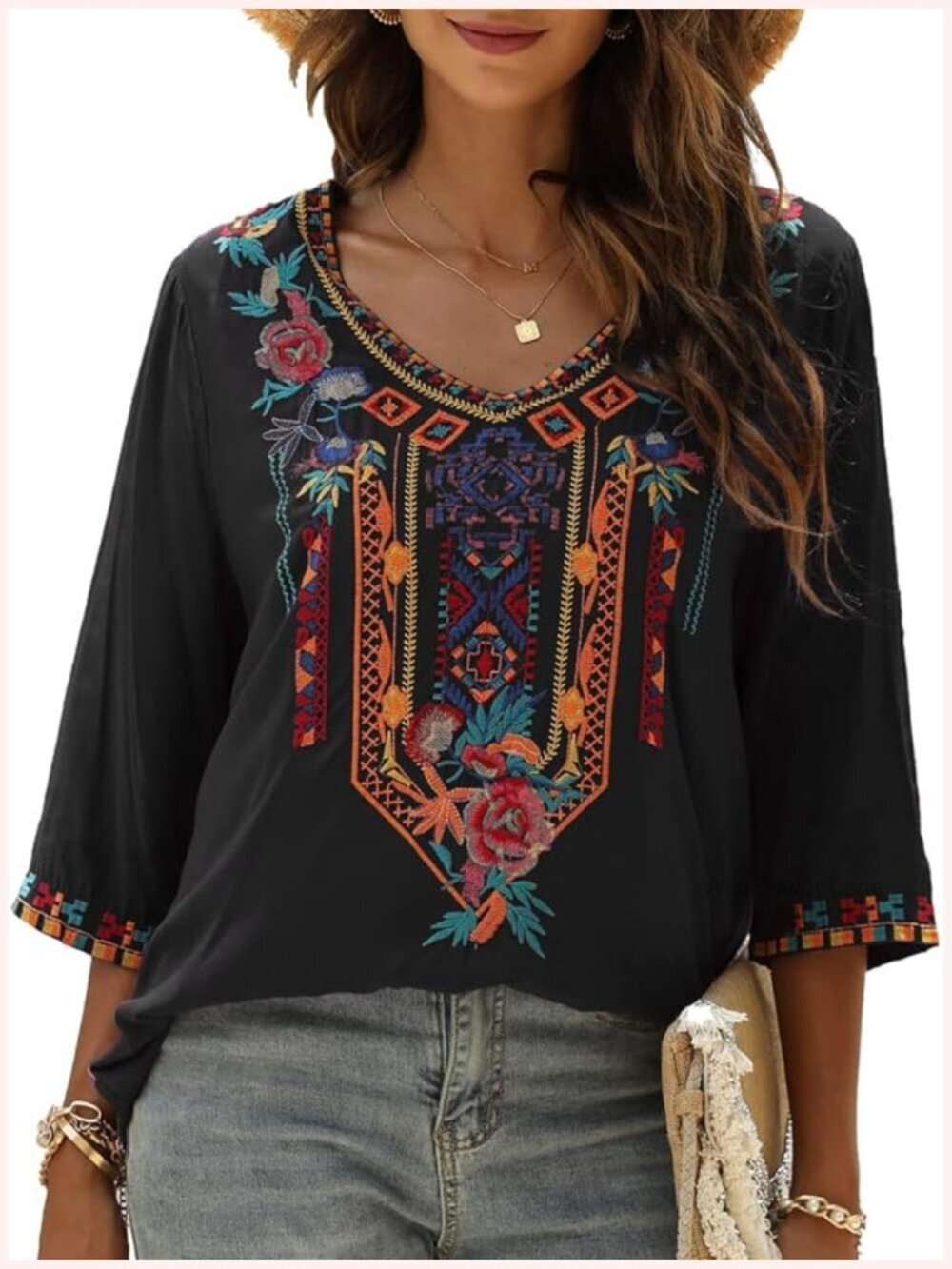 Embroidered Peasant Tunic 3/4 Sleeve V-Neck Boho Blouse